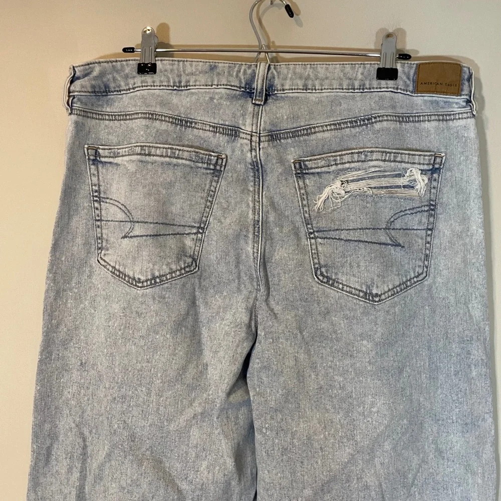 American Eagle Super High Rise Baggy Wide Leg Jeans Light Wash Distress 16 Short